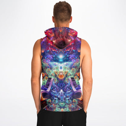 Model wearing the “Magnus Opum” sleeveless hoodie, back view, showing the all-over print across the back.