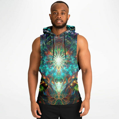 A second model wearing the “To Tree or Not to Tree” sleeveless hoodie, front view, showing the fit and drape.