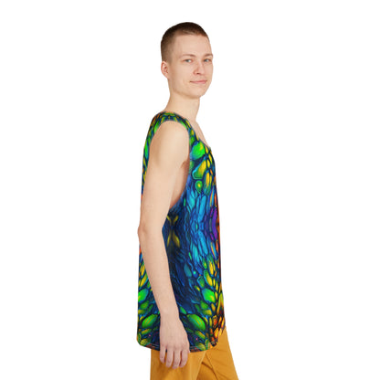 Corner detail shot of the Scaled print along the men's tank top hem.