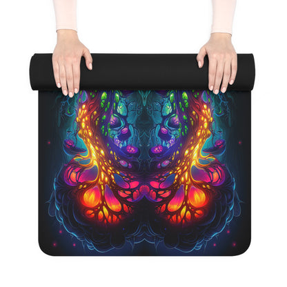 The Fungus Amongus yoga mat unrolled on a hardwood floor.