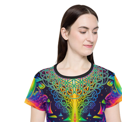 Flat lay of the Maze of Life sport tee showing the full all-over print layout.