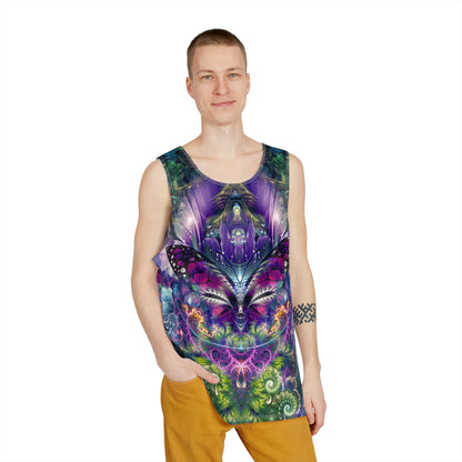 Angled view of the 'Emergence' men's tank top highlighting the print colors.