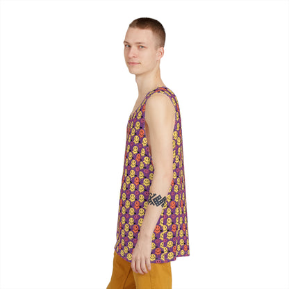Full view of the Purple Melting Smiley print men's tank top