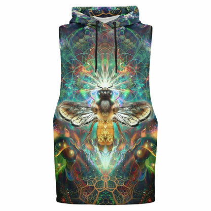 Ghost mannequin front view of the “To Bee or Not to Bee” sleeveless hoodie, showing the drop armhole cut and hood.