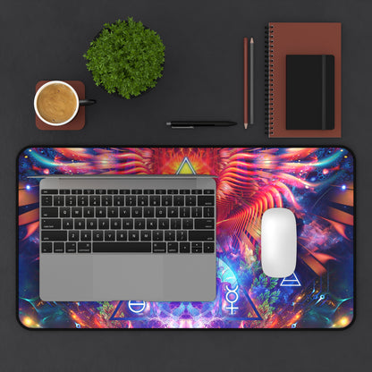 Lapis Philosophorum desk mat displayed on a home office desk setup