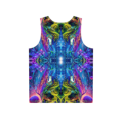 Angled view of a men's tank top featuring the 'The Sacred Vine Flip' print.