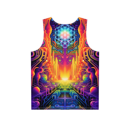 Close-up of the print detail on the 'DMTron' men's tank top.