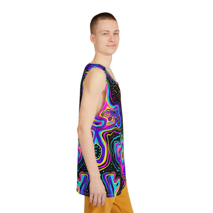 Model wearing the Neon-Ray Vision men's tank top with the glowing neon print visible.