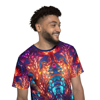 Three-quarter angle of the Moonlight Fruit sport tee showing the print placement.