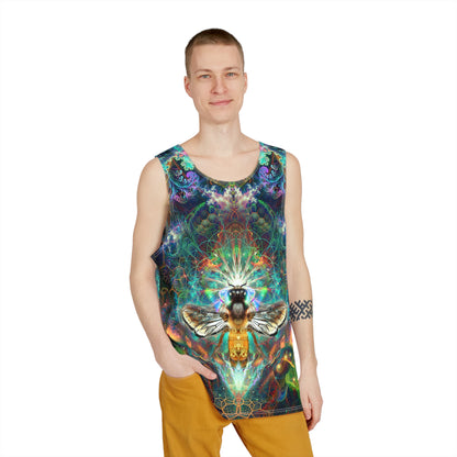 Close-up of the 'To Bee or Not To Bee' print detail on the men's tank top fabric.