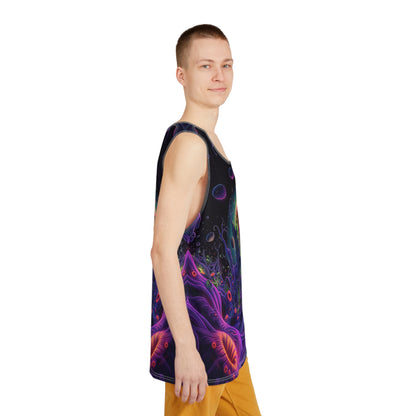 Men's tank top with the Space Anemone design, shown from above.