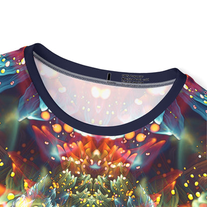Angled view of the "Kaleidobloom" print men's sport tee.
