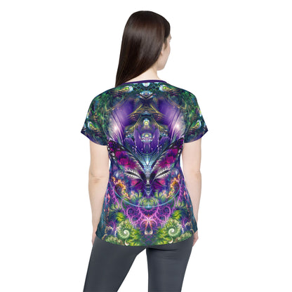 Women's sport tee in the Emergence psychedelic all-over print design, front view.