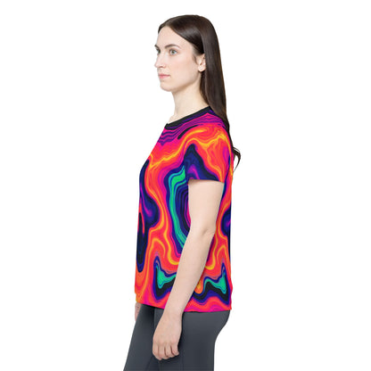 Women's sport tee in the Drizzle psychedelic all-over print design, shown from above.