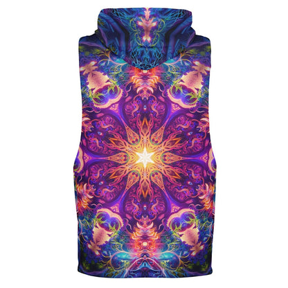 Back view of the 'The Sacred Circle' sleeveless hoodie on a ghost mannequin, showing its all-over-print artwork.