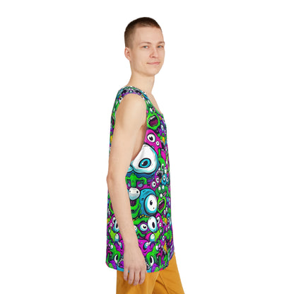 Flat lay of the My Middle Name Is Wacky psychedelic men's tank top.