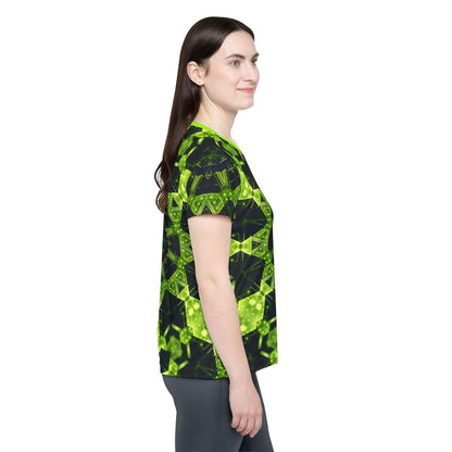 'Geocomb' sport tee for women, viewed from above laid flat.