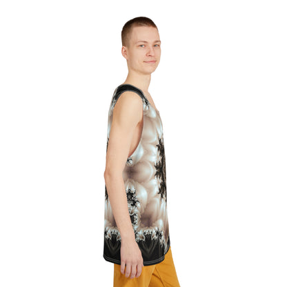 Corner detail of the psychedelic print on the 'Duality' men's tank top.