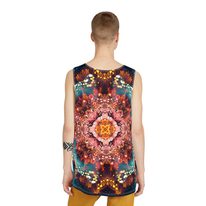Overhead view of the Reaching for Light men's tank top laid on a flat surface.