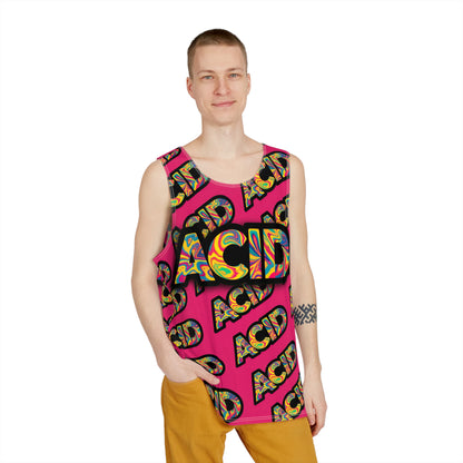 Angled view of the ACID Pattern Pink men's tank top.