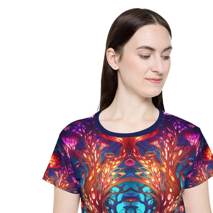 Corner detail of the Moonlight Fruit print near the hem of the sport tee.