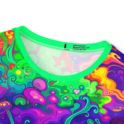 The Mush Tree So Color sport tee photographed at an angle showing the fit.