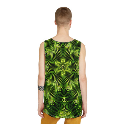 Angled view of the Green Lattice men's tank top showing the fabric and print.