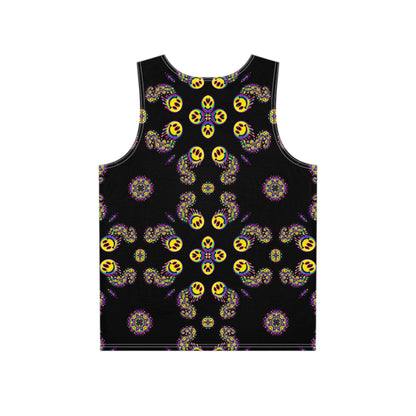 Close-up of the Alien Smiles Lattice print detail on the tank top fabric.