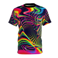 Front flat-lay of the Psychedelic Tracers premium tee, showing a swirling neon rainbow print over a dark background.