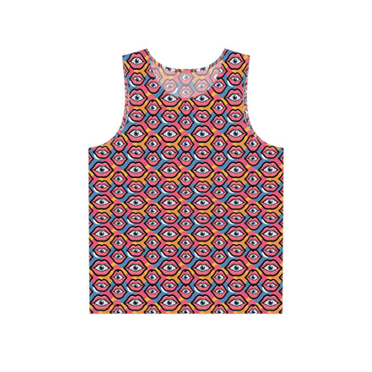 Front view of the Eyeballs & Lips Pattern men's tank top showing the full surreal print.