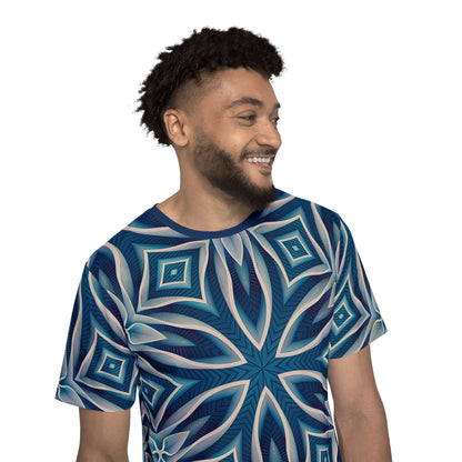 Close-up of the sleeve area on the "Ice Chant" men's sport tee print.