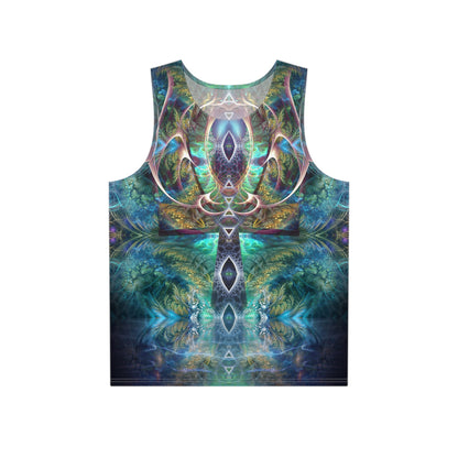 Flat lay of the Fluer de Vie men's tank top showing the full print.