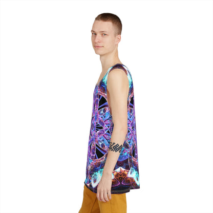 Flat lay of the Flower of Life Mandala men's tank top displaying the complete design layout.