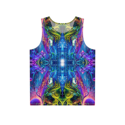 Flat lay of a men's tank top printed with the 'The Sacred Vine Flip' design.