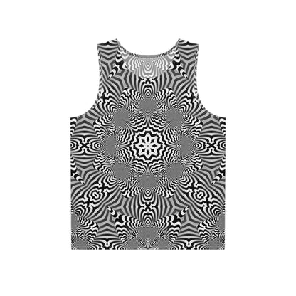 Black and white Zibrus Maximus tank top laid flat, showing the full print design.