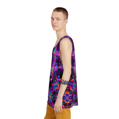 Corner view of the Nebulizer Core tank top highlighting the print colors.