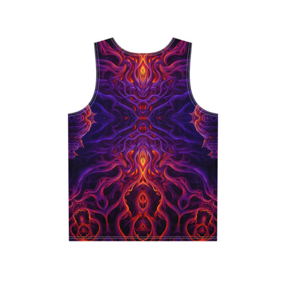 Close-up of the Lilith's Gate V2 print detail on the men's tank top fabric.