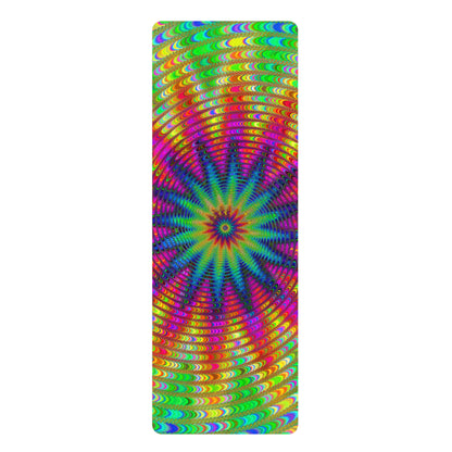 Flat lay of a Tie Dye Burst yoga mat showing the full edge-to-edge tie dye print.
