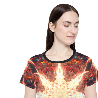 Corner detail of the Muladhara print near the hem of the sport tee.