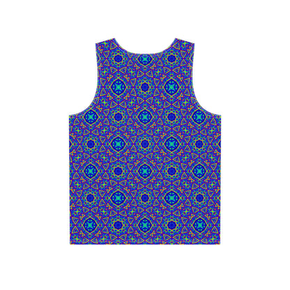 Close-up of the Aztecia Pattern print detail on the tank top fabric.