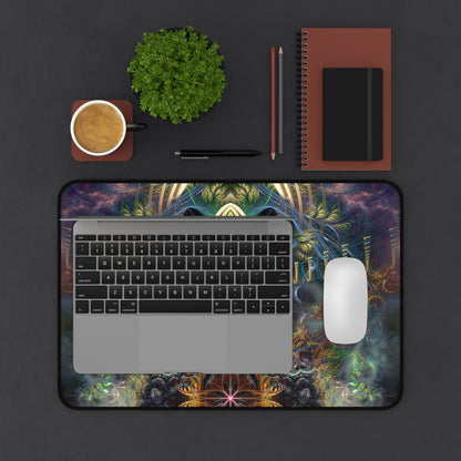 Angled view of the "Heightened Stroll" desk mat's portal and bridge artwork.