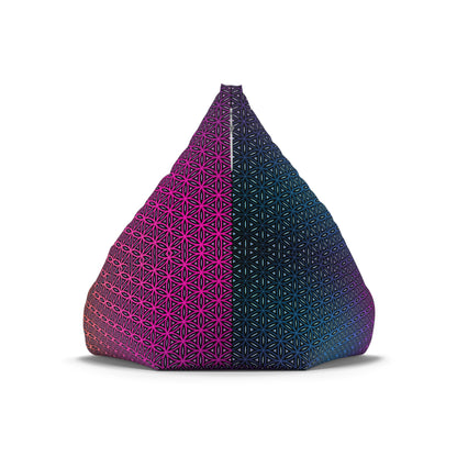 Side angle of the Rainbow Flower of Life bean bag chair cover showing its rounded shape.