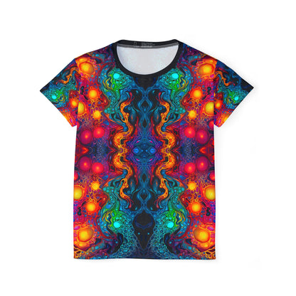 Flat lay of the Molten Flow women's sport tee showing the all-over psychedelic print.