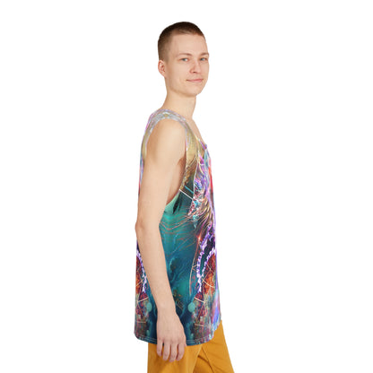 Model wearing the Primordial Soup men's tank top with the abstract psychedelic print visible.