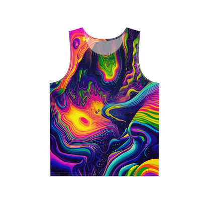 Flat lay of the 'Dimension 1111' men's tank top showing the full psychedelic print.