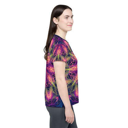 'Gatekeepers Mandala' sport tee for women, viewed from above laid flat.