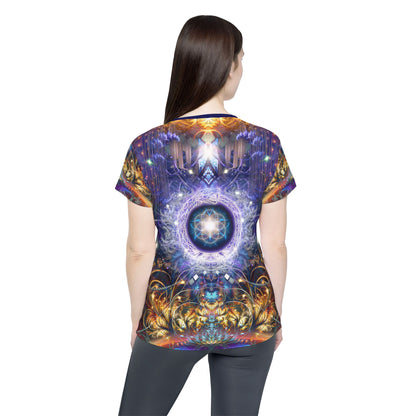 Corner detail of the "Immortal Truth" print women's sport tee.