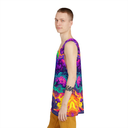 Side view of the Mush Tree So Color tank top, showing the print along the seam.