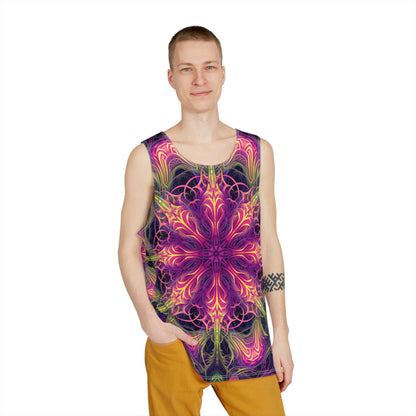 Close-up of the print detail on a 'Gatekeepers Mandala' men's tank top.