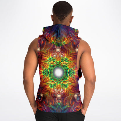 A model showcasing "Photonic" sleeveless hoodie from the back.